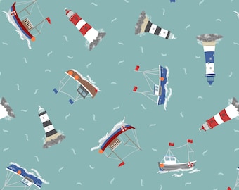 Lewis & Irene Small Things Coastal Boats and Lighthouses Sea Green // Quilting Cotton // Cotton Woven // 100% cotton // Nautical Fabric