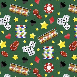May include: A green felt background with various casino themed icons including dice, playing cards, chips, slot machines, and stars.