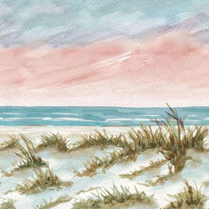 May include: Watercolor painting of a beach scene. The sky transitions from light blue to pink, with a blue ocean in the distance. White sand dunes are in the foreground, with tufts of green and brown beach grass.