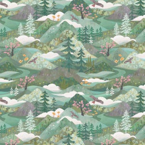 Serenity Mountains Dark Mint by Clothworks // Quilting Cotton // Cotton Woven // 100% cotton // Scenic Fabric