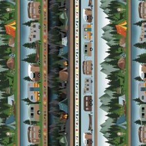 May include: A repeating pattern featuring camping scenes with RVs, tents, trees, and mountains. The design includes various colors such as green, brown, orange, and blue, creating a nature-themed aesthetic. The pattern is vertically striped.