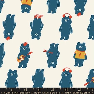 May include: Fabric with a repeating pattern of blue bears in various poses, some wearing headphones, holding guitars, or with mohawks. The bears are set against a cream background. The text "RUBY STAR SOCIETY" is at the bottom.