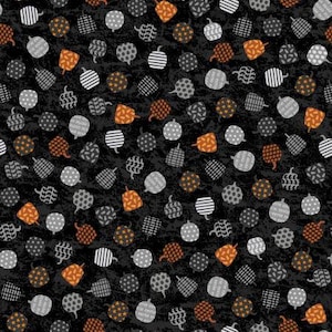May include: A black background with a repeating pattern of orange, white, and gray pumpkins. The pumpkins are all different shapes and sizes and have various patterns on them.