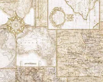 Globetrotter Travel Maps Parchment by QT Fabric // Quilting Cotton // Cotton Woven // 100% cotton // Travel Fabric
