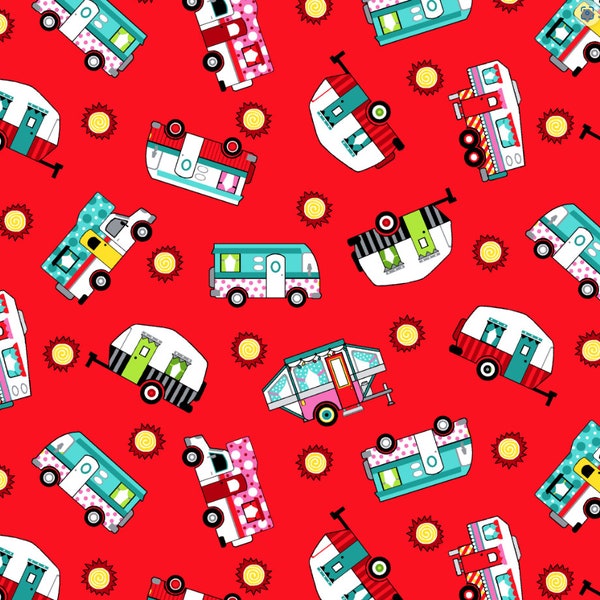 Studio E - Roaming Holiday Campers on Red Fabric // Quilting Cotton // Cotton Woven // 100% cotton // Camping Fabric