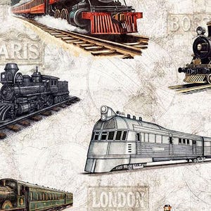 May include: A vintage-style fabric featuring illustrations of steam trains in various designs. The trains are depicted in shades of black, red, and silver, set against a backdrop of a world map and text that reads "Paris" and "London".