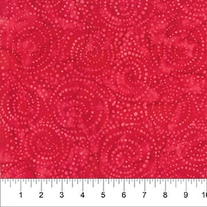 May include: Red fabric with a white swirl pattern. The swirls are made up of small white dots.