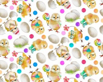 May include: A seamless pattern featuring watercolor illustrations of yellow chicks with colorful accents. The chicks are depicted in various poses, including holding lollipops, wearing glasses, and hatching from eggs. The background is white with scattered colorful dots.