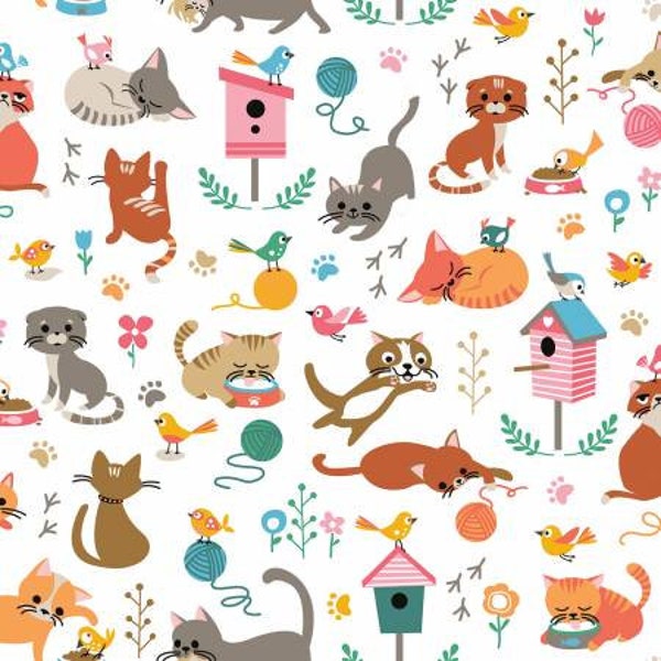 Cat's Meow Main White by Riley Blake Fabric // Quilting Cotton // Cotton Woven // 100% cotton // Pet Fabric