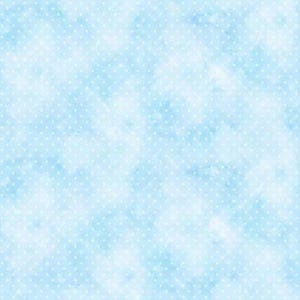 May include: Light blue fabric with a watercolor effect and a pattern of small white polka dots. The fabric has a soft, cloudy appearance, with variations in the blue tones. The polka dots are evenly spaced across the surface.