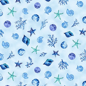 The Sea is Calling Blue Spaced Shells by Studio E Fabrics // Quilting Fabric // 100% Cotton // Seashell Fabric