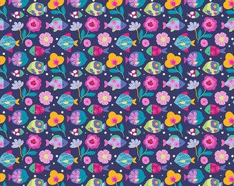 May include: A seamless pattern featuring colorful fish and flowers on a dark blue background. The fish are stylized and have a whimsical design. The flowers are in shades of pink, yellow, and orange.