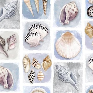 May include: A repeating pattern of various seashells in shades of white, tan, and gray, set against a light blue watercolor background. The shells are detailed and realistic, showcasing a variety of shapes and textures, perfect for coastal decor.