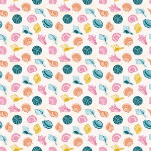 May include: A repeating pattern of various seashells and sea urchins in shades of pink, orange, yellow, teal, and blue on a textured off-white background. The design features detailed illustrations of conch shells, spiral shells, and sea urchins.
