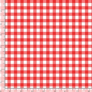 May include: Red and white gingham fabric with a checkered pattern.