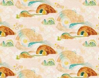 Puede incluir: Un patrón sin costuras con ilustraciones de acuarela de cuevas con un sol brillando sobre ellas. Las cuevas están pintadas en tonos de marrón y naranja, con un cielo azul claro y vegetación verde que las rodea. El fondo es rosa suave.