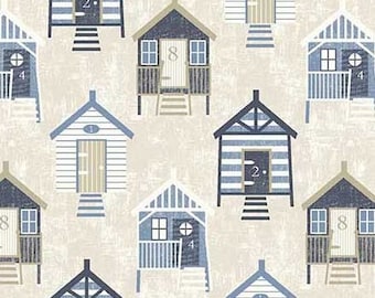 May include: A beige background with a repeating pattern of blue and white striped beach houses with brown doors and roofs. Each house has a number on the front, 1, 2, 4, or 8.