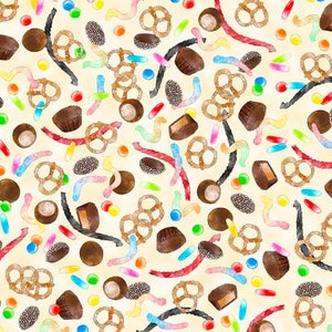 May include: A seamless pattern featuring a variety of colorful candies and treats, including pretzels, chocolate candies, and gummy worms. The background is a light yellow.