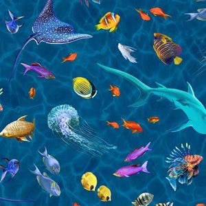 Treasures at Sea Spaced Sealife Dk Blue by QT Fabrics // Quilting Fabric // 100% Cotton // Ocean Fabric // Fish Fabric