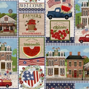 May include: A collage of images with a patriotic theme. The images include a red, white, and blue American flag, a red pickup truck with a watermelon in the back, a sign that says "Farmers Market", a sign that says "Fresh Strawberries", a sign that says "Farm Fresh Watermelon", a sign that says "Just Picked Cherries", and a sign that says "Welcome".
