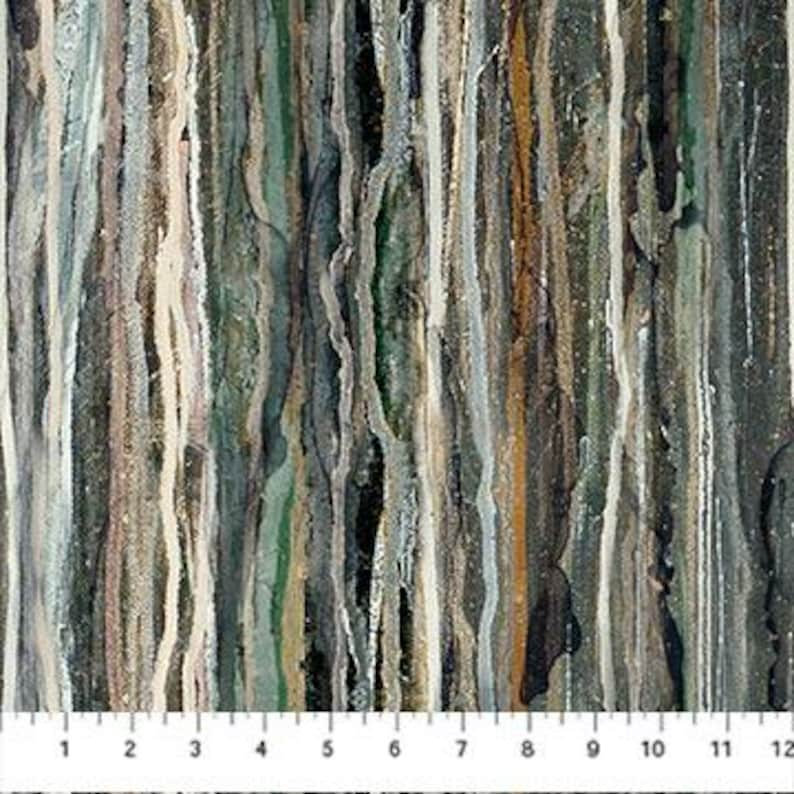 May include: Abstract fabric with vertical stripes in shades of brown, gray, green, and white.