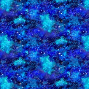 May include: A seamless pattern featuring a vibrant depiction of a starry night sky. The design showcases a blend of deep blues, teals, and purples, with scattered white stars and nebulous cloud formations. The overall effect is a cosmic, celestial theme.