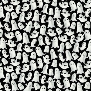 May include: A seamless pattern of white ghosts on a black background. The ghosts are of various sizes and shapes, and some are smiling while others have a more spooky expression.