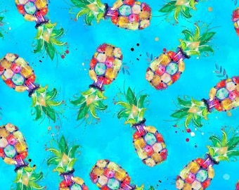 May include: A seamless pattern featuring colorful pineapples with a watercolor effect on a bright blue background. The pineapples are decorated with a variety of colors and patterns, including red, yellow, green, blue, and purple.
