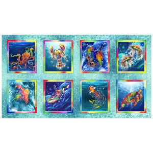 May include: A fabric panel featuring eight square images of marine life. Each image has a colorful illustration of sea creatures like an octopus, lobster, seahorse, and jellyfish, set against a blue watery background with a rainbow border.