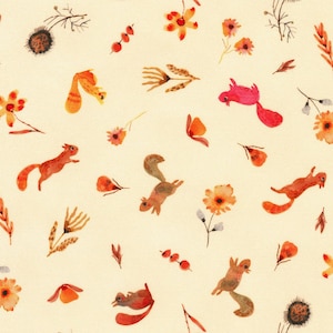 May include: A seamless pattern featuring watercolor illustrations of squirrels, flowers, and leaves in shades of orange, red, and yellow on a cream background.