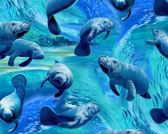 Timeless Treasures Playful Manatee Fabric // Quilting Cotton // Cotton Woven // 100% cotton // Manatee Fabric
