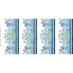 May include: Four rectangular panels with a repeating pattern of seashells and starfish in shades of blue, teal, and green on a white background. A vertical blue stripe with a dotted pattern borders the design.