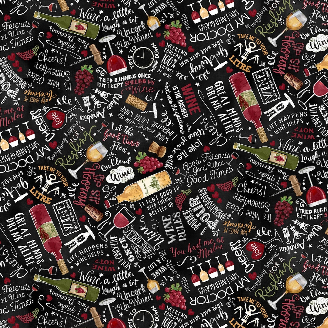 Uncork & Unwind - Black Wine Cellar Text by Timeless Treasures Fabric ...