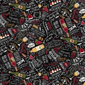 Uncork & Unwind - Black Wine Cellar Text by Timeless Treasures Fabric // Quilting Cotton // Cotton Woven // 100% cotton // Drinking Fabric