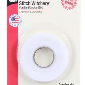 May include: A roll of white Dritz Stitch Witchery fusible bonding web on a rectangular card. The packaging features the text Stitch Witchery, 1/4 in Wide, and 1/4 in x 20 yd. A pink vertical stripe is on the left side with a Made in USA logo.