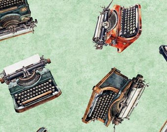 Könnte beinhalten: Ein nahtloses Muster mit Vintage-Schreibmaschinen in verschiedenen Farben und Stilen. Die Schreibmaschinen sind vor einem hellgrünen Hintergrund platziert.
