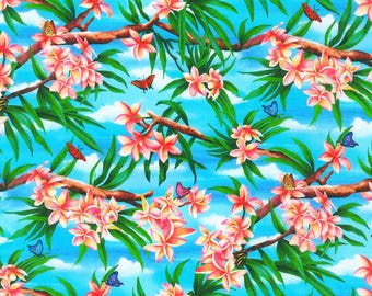 May include: A seamless pattern featuring pink tropical flowers with green leaves and colorful butterflies against a blue sky background.