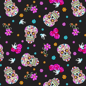David Textiles Forkloric Skulls Black w/Glitter Fabric // Quilting Cotton // Cotton Woven // 100% cotton // Sugar Skull Fabric