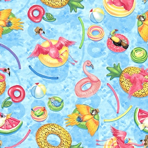 May include: A blue background with a tropical pattern featuring flamingos, parrots, pineapples, and toucans. The flamingos are wearing sunglasses and hats and are floating on inflatable rings. The parrots are also wearing hats and are floating on inflatable rings. The pineapples are also floating on inflatable rings. The toucans are floating on inflatable rings. The background is a light blue with a white and blue pattern.