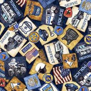American Heroes Police Overlapping Patches by QT Fabric // Quilting Cotton // Cotton Woven // 100% cotton // Law Enforcement Fabric