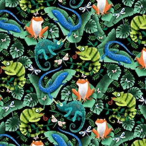 May include: A vibrant pattern featuring colorful lizards, frogs, and dragonflies amidst lush green leaves on a black background. The design includes blue, orange, green, and teal creatures, creating a lively tropical theme.