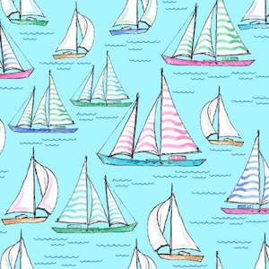 May include: A seamless pattern of sailboats on a light blue background. The sailboats are drawn in a watercolor style and have various colors, including pink, blue, green, and white.