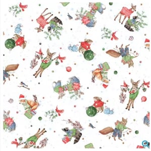 May include: A white background with a repeating pattern of whimsical woodland creatures in festive attire. Deer, squirrels, raccoons, and mice are dressed in sweaters and holding gifts, ornaments, and sprigs of greenery. The design includes small blue birds and red accents.