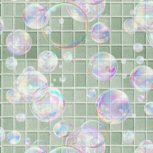 May include: A seamless pattern featuring iridescent soap bubbles of varying sizes, floating against a backdrop of a light green, tiled surface. The bubbles reflect a spectrum of colors, creating a whimsical and airy design.