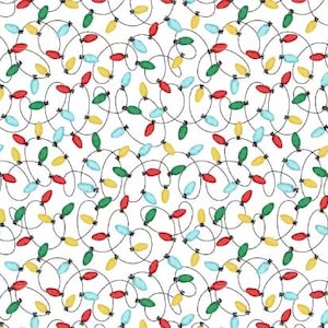 May include: A repeating pattern of colorful Christmas lights on a white background. The lights are red, green, yellow, and blue, connected by black wires. The design is festive and suitable for holiday-themed products.