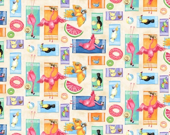 May include: A colorful seamless pattern featuring flamingos, parrots, toucans, and other tropical birds relaxing on beach towels. The pattern also includes watermelon slices, beach balls, and other beach-themed elements.