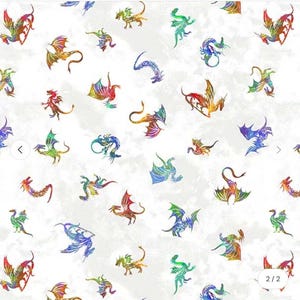 May include: A white background is covered with colorful dragon illustrations. The dragons are in various poses and colors, including red, blue, green, and yellow. The overall design has a whimsical and fantasy theme.