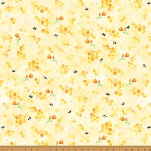 May include: A fabric with a repeating pattern of yellow honeycomb shapes, orange flowers, and small black bees on a light yellow background. The design has a watercolor effect, creating a soft, textured appearance.