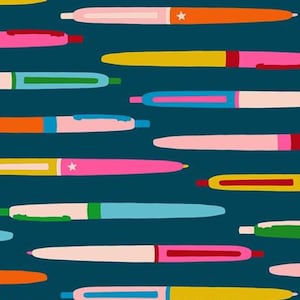 May include: A pattern of colorful pens in various shades of pink, orange, yellow, and blue against a dark teal background. Some pens have a star detail. The pens are arranged in a scattered, repeating design.