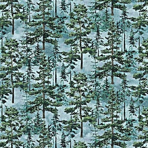 May include: A repeating pattern of evergreen trees in a forest setting. The trees are various sizes and shades of green, with brown trunks, set against a light blue and gray background, creating a natural, outdoorsy theme.